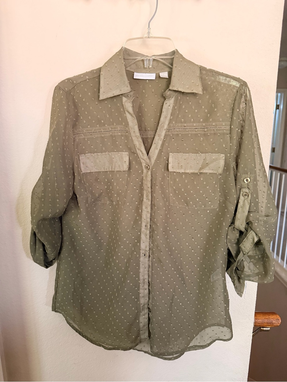 New York & Company Olive Green Sheer Button-Up Shirt